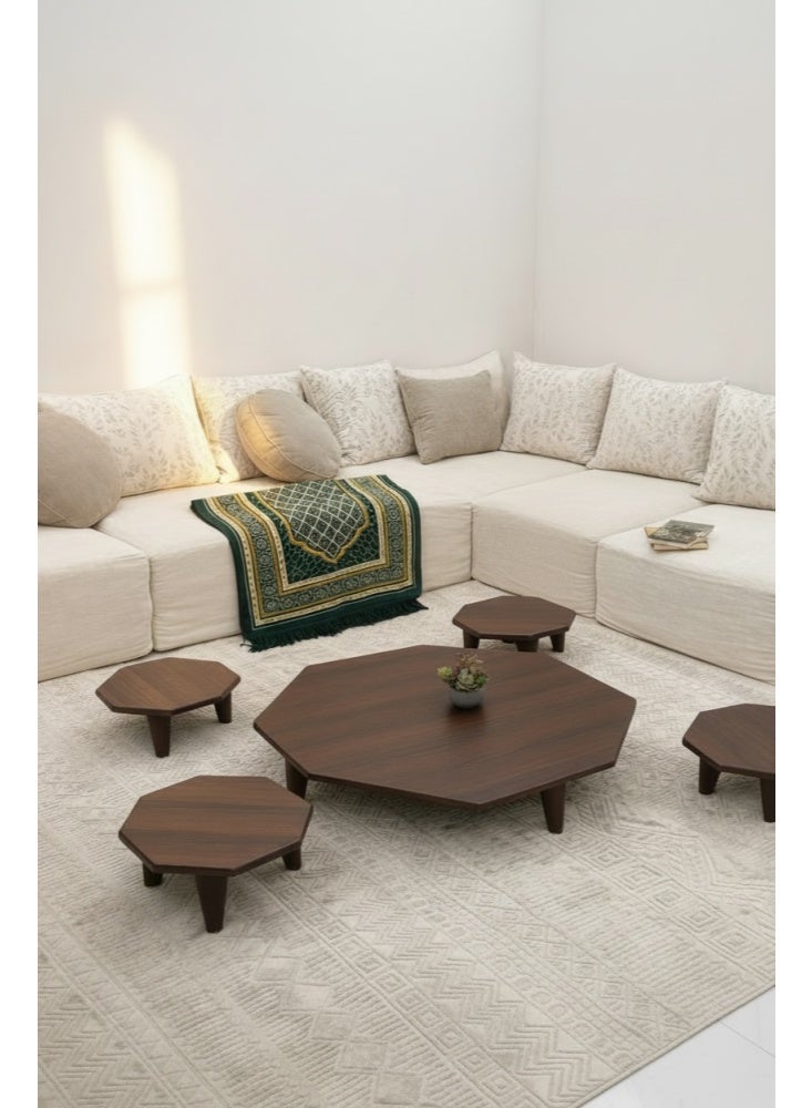 Floor table set with 4 serving pieces, brown wood, - Image 2